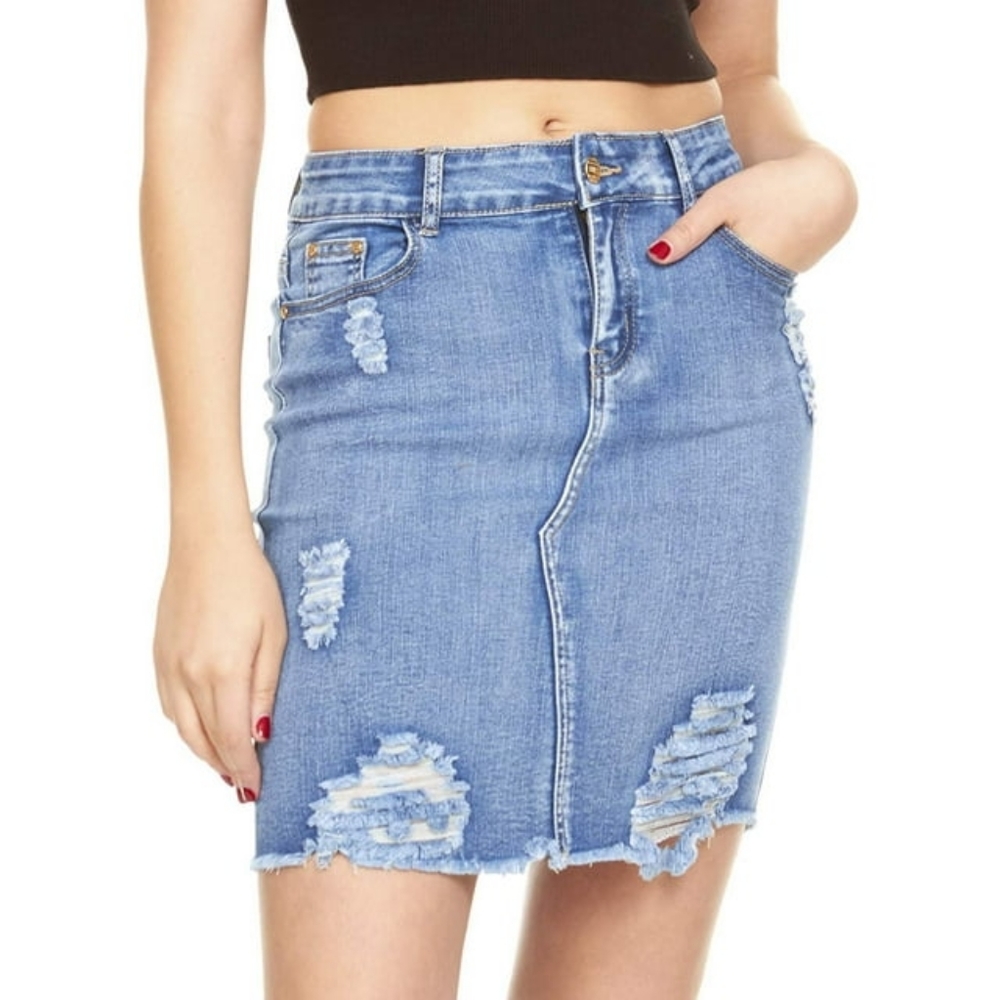 DENIM BLVD DISTRESSED RAW HEM JEAN MEDIUM SKIRT